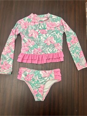 Tommy Bahama Pink & Green Floral Ruffle Long-Sleeve Rashguard Set